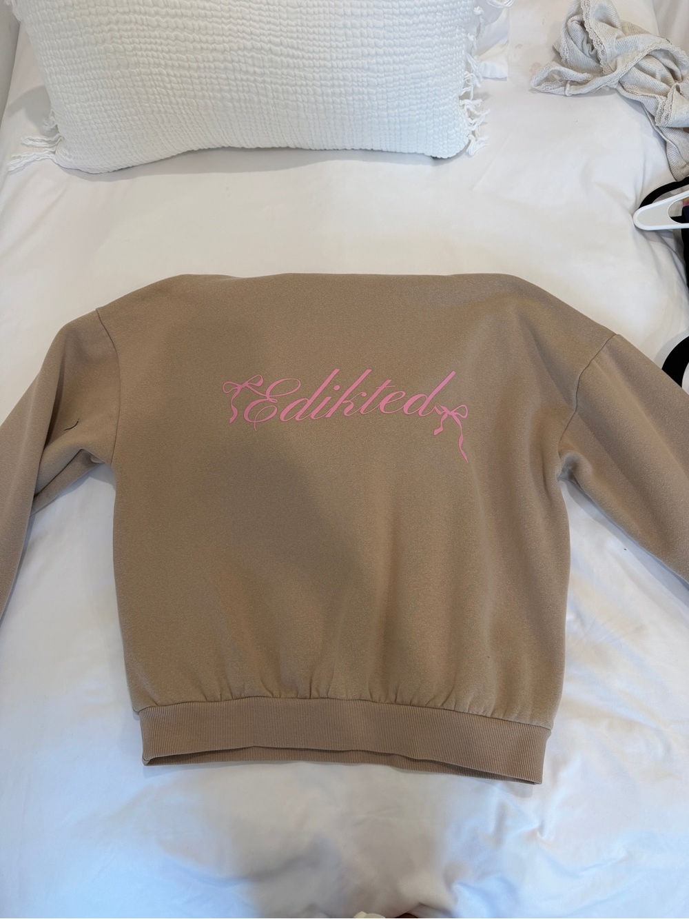 Edikted Kids Tan Pullover with Pink Script Logo